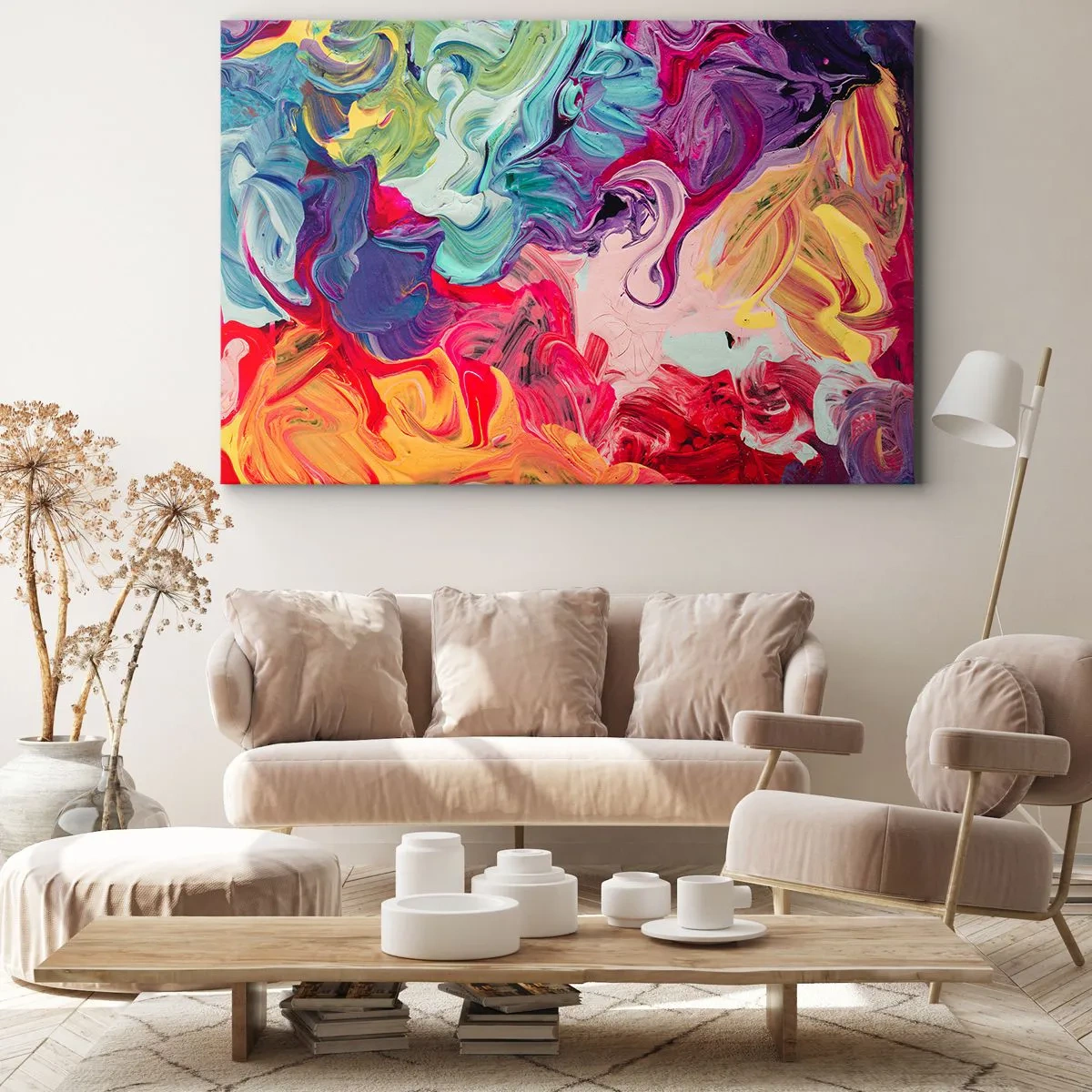 Obraz na plátne - Abstraktná kompozícia so žiarivými, víriacimi farbami a dynamickou štruktúrou. - 70x50cm - Zrodenie farieb - Moderná nástenná dekorácia do obývacej izby a spálne ARTTOR