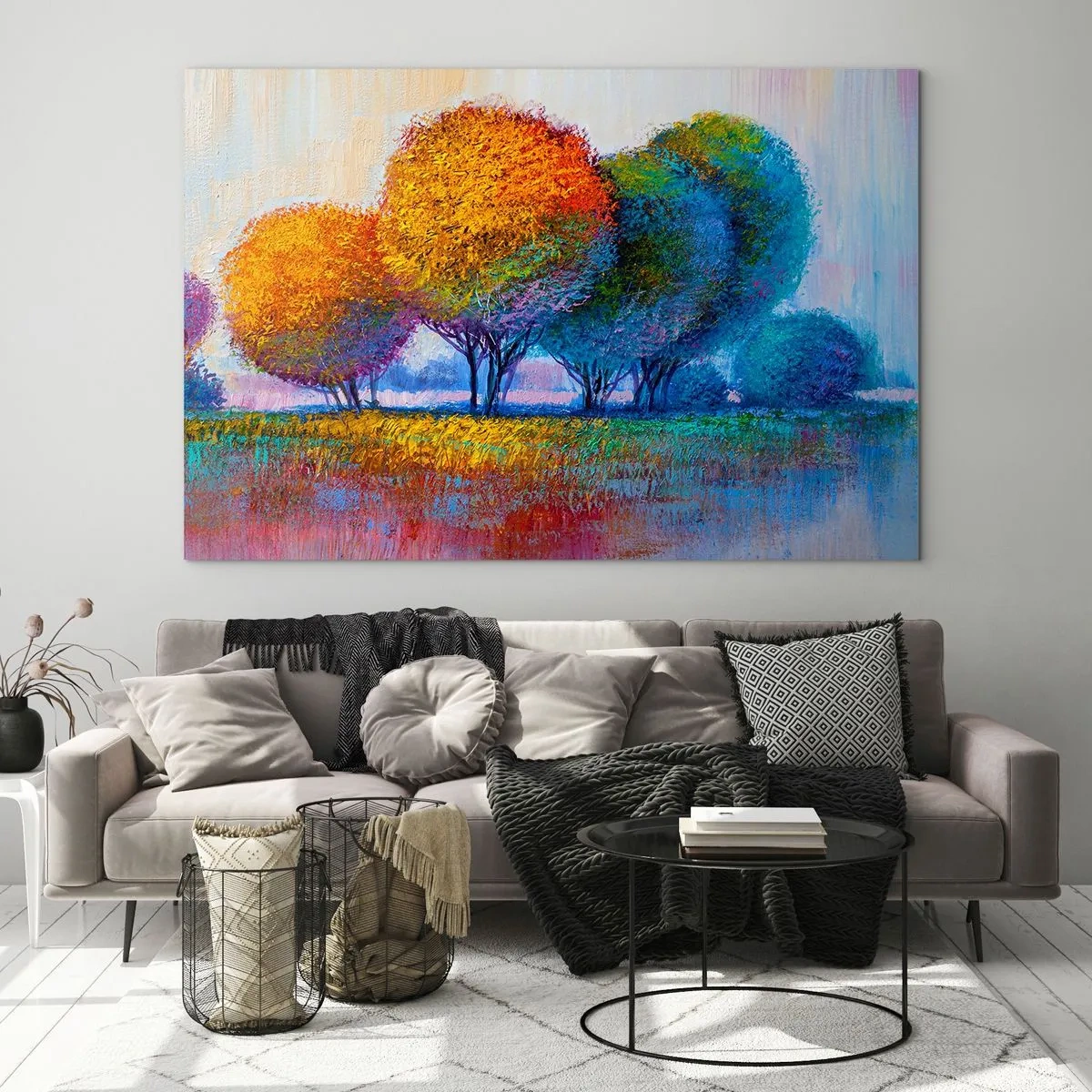 Obraz na skle - Farebné stromy v jesenných farbách proti modrej oblohe - 70x50cm - Trs žiarivých farieb - Moderná nástenná dekorácia do obývacej izby a spálne ARTTOR