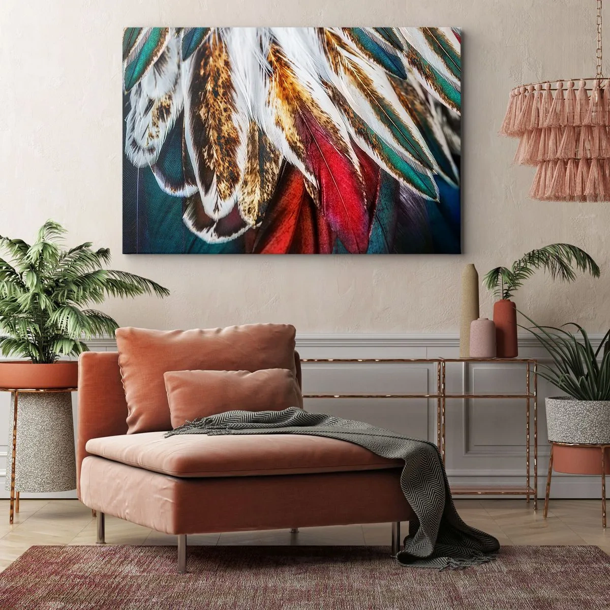Obraz na plátne - Detailný záber viacfarebných pierok v žiarivých, intenzívnych farbách - 70x50cm - Tajomstvo letu - Moderná nástenná dekorácia do obývacej izby a spálne ARTTOR