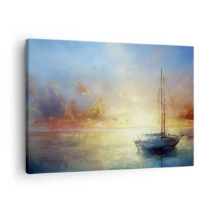 Obraz na plátne - Jachta na pokojnom mori pri západe slnka - 70x50cm - V zlatom zálive - Moderná nástenná dekorácia do obývacej izby a spálne ARTTOR