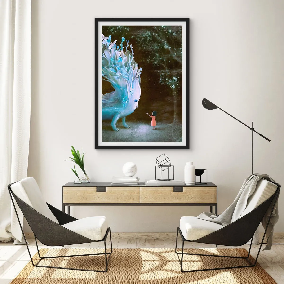 Plagát v čiernom ráme - Dievča v lese stretne magického tvora v žiarivom prostredí. - 50x70cm - Fantastické stretnutie - Moderná nástenná dekorácia do obývacej izby a spálne ARTTOR