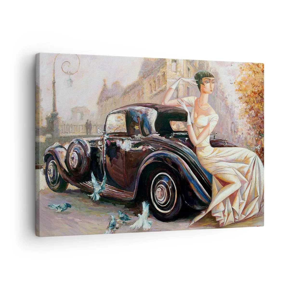 Obraz na plátne - Retro žena vedľa klasického auta - 70x50cm - Elegancia v retro štýle - Moderná nástenná dekorácia do obývacej izby a spálne ARTTOR