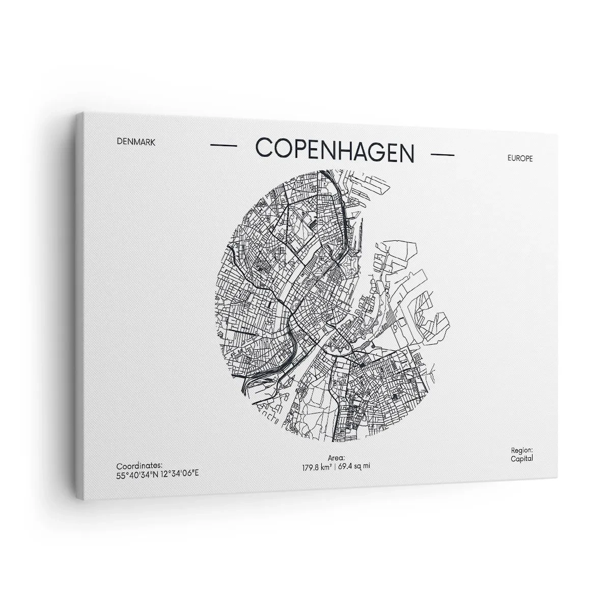 Obraz na plátne - Mapa Kodane v minimalistickom čiernobielom štýle. - 70x50cm - Anatómia Kodane - Moderná nástenná dekorácia do obývacej izby a spálne ARTTOR