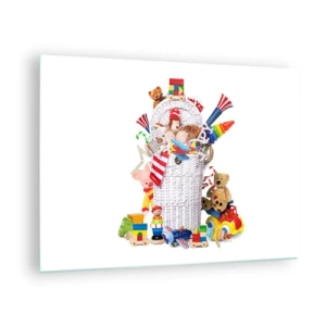 Obraz na skle - Košík plný farebných hračiek na bielom pozadí - 70x50cm - Poklady dieťatka - Moderná nástenná dekorácia do obývacej izby a spálne ARTTOR