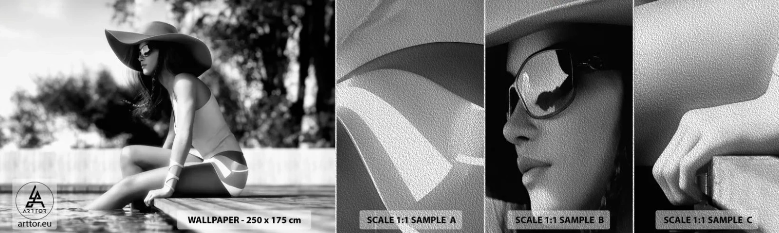 Vzorka fototapety Premium Sand - Letný sen - Žena, Klobúk, Bazén - 100x30 cm