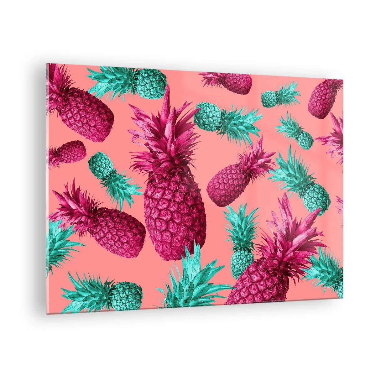Obraz na skle - Farebné ananásy v odtieňoch ružovej a zelenej na ružovom pozadí - 70x50cm - Sloboda je sladká - Moderná nástenná dekorácia do obývacej izby a spálne ARTTOR