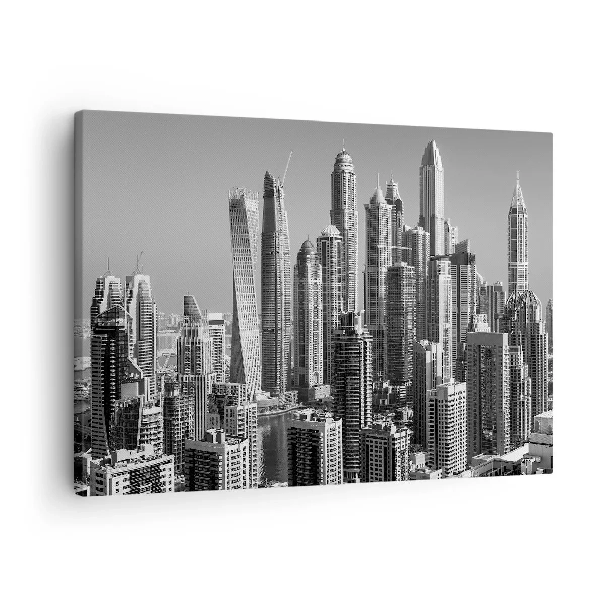 Obraz na plátne - Panoráma moderných mrakodrapov v monochromatických tónoch - 70x50cm - Mesto nad púšťou - Moderná nástenná dekorácia do obývacej izby a spálne ARTTOR