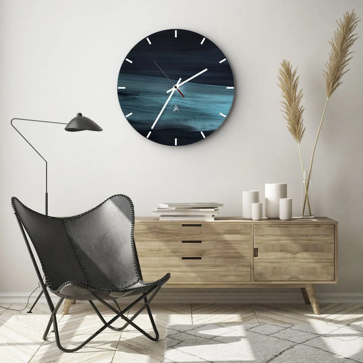 Nástenné hodiny - Abstraktné pruhy v tyrkysovej a tmavomodrej farbe pripomínajúce vodu - 30x30cm - Plávaj s prúdom - Moderná nástenná dekorácia do obývacej izby, kuchyne a spálne ARTTOR