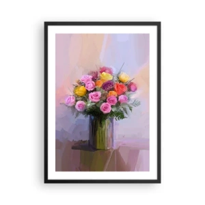 Plagát v čiernom ráme - Kytica ruží a kvetov v sklenenej váze - 50x70cm - Zachytená krása - Moderná nástenná dekorácia do obývacej izby a spálne ARTTOR