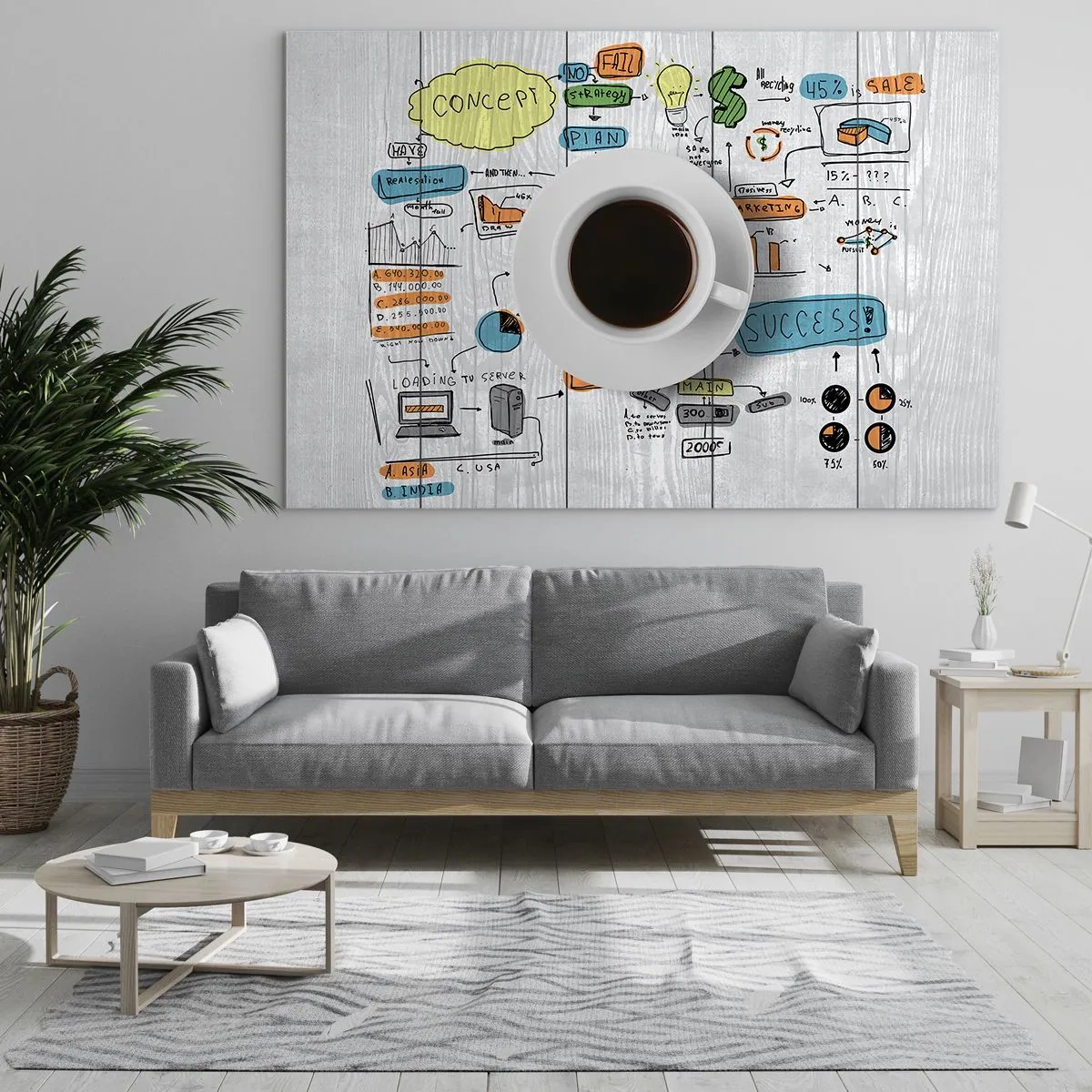 Obraz na skle - Šálka kávy na pozadí diagramov a koncepčných kresieb - 70x50cm - Čas na prestávku - Moderná nástenná dekorácia do obývacej izby a spálne ARTTOR