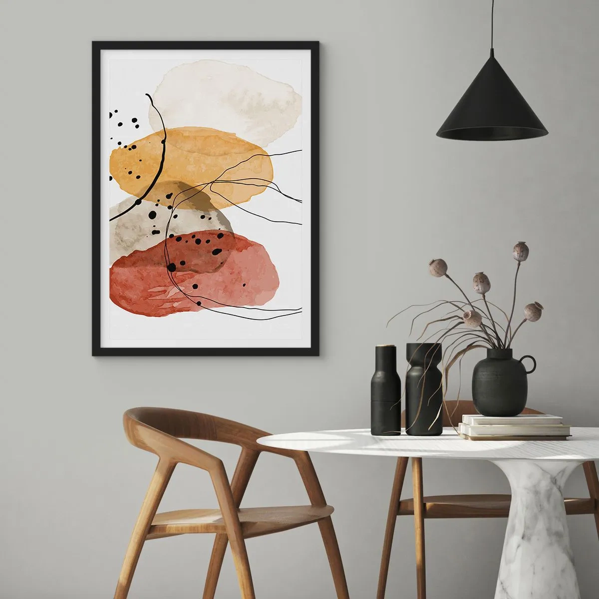 Plagát v čiernom ráme - Abstraktné tvary v odtieňoch béžovej, žltej a červenej - 50x70cm - Ako ľahký, priezračný vzduch - Moderná nástenná dekorácia do obývacej izby a spálne ARTTOR