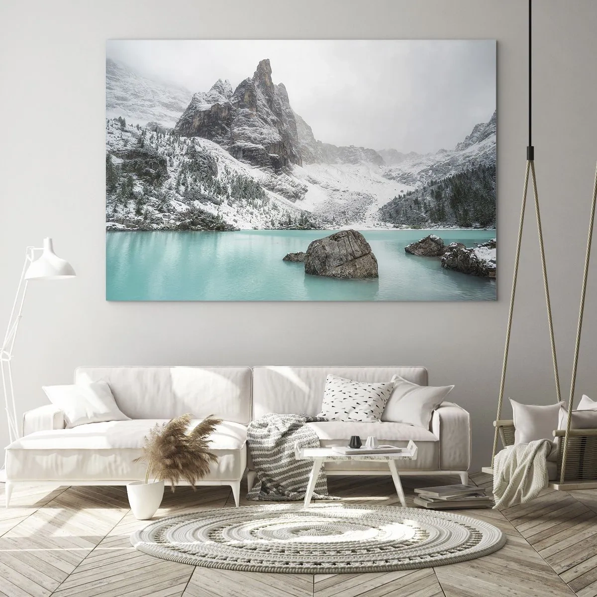 Obraz na skle - Zimná krajina s tyrkysovým jazerom - 70x50cm - Na stráži - Moderná nástenná dekorácia do obývacej izby a spálne ARTTOR