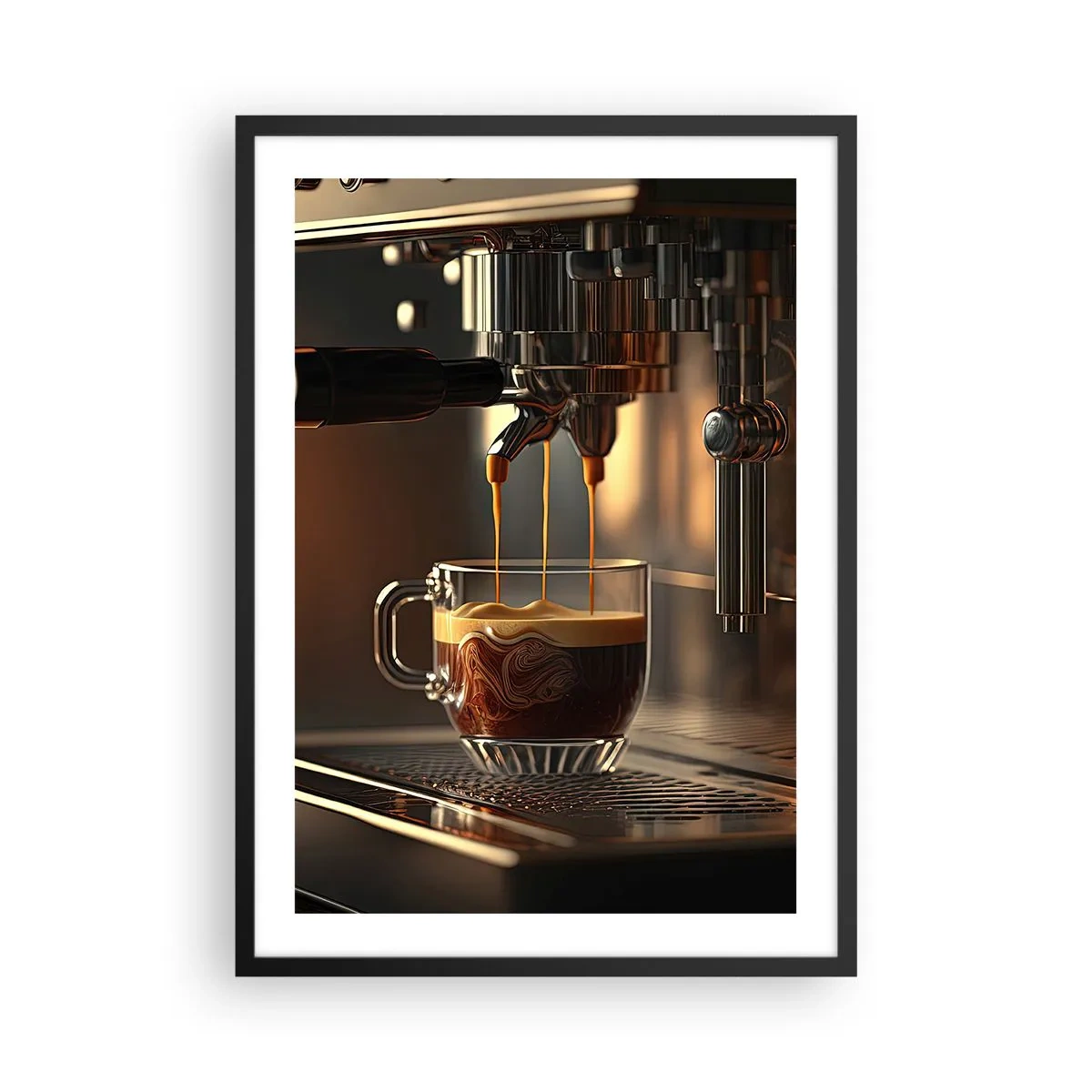 Plagát v čiernom ráme - Kávovar nalievajúci espresso do šálky - 50x70cm - Zmyselná zmes - Moderná nástenná dekorácia do obývacej izby a spálne ARTTOR