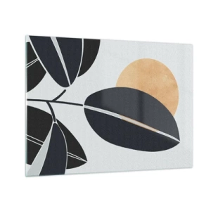 Obraz na skle - Štylizované listy v čiernej farbe s oranžovým slnkom v pozadí - 70x50cm - Deň horúceho leta - Moderná nástenná dekorácia do obývacej izby a spálne ARTTOR