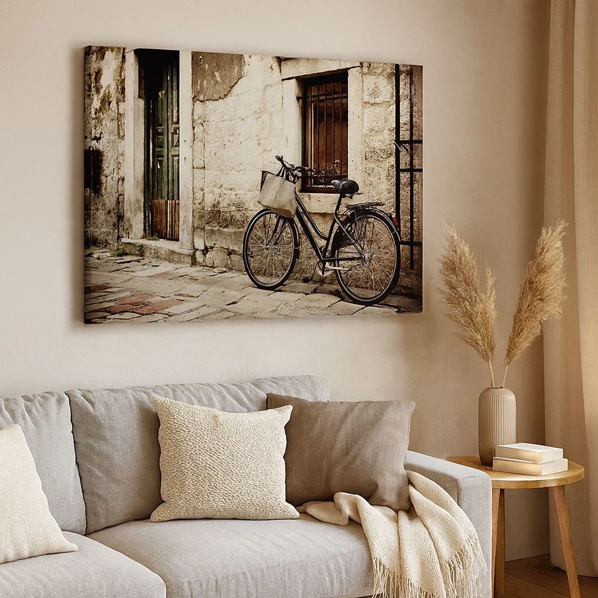 Obraz na plátne - Bicykel oproti kamennému múru s oknom a dverami v retro štýle - 70x50cm - Návrat do minulosti - Moderná nástenná dekorácia do obývacej izby a spálne ARTTOR