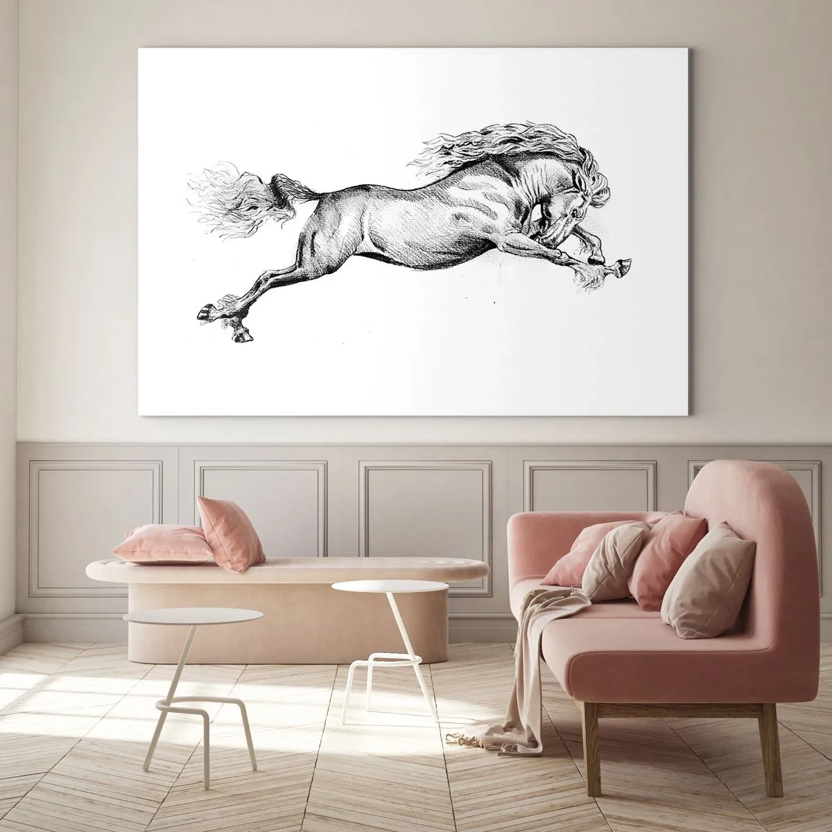 Obraz na skle - Čiernobiela kresba cválajúceho koňa - 70x50cm - Zastavený v cvale - Moderná nástenná dekorácia do obývacej izby a spálne ARTTOR