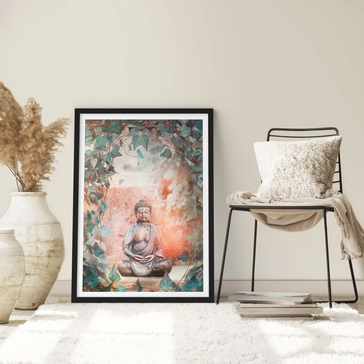 Plagát v čiernom ráme - Socha Budhu obklopená brečtanom v meditačnej aure - 50x70cm - Radostná harmónia - Moderná nástenná dekorácia do obývacej izby a spálne ARTTOR