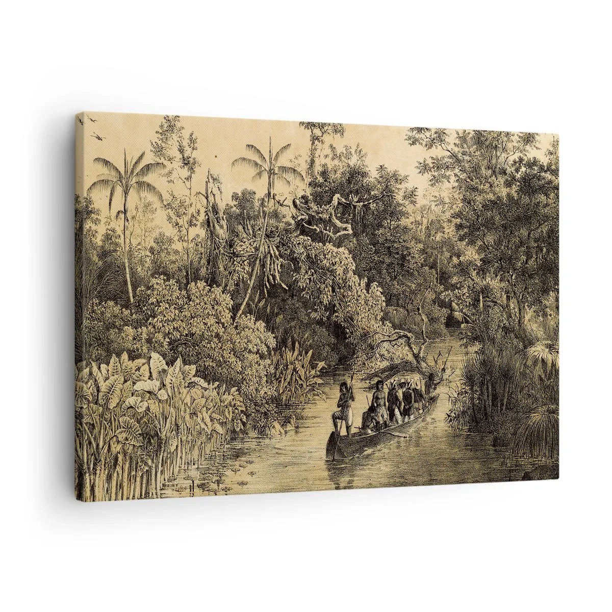 Obraz na plátne - Kresba džungle s loďou na rieke - 70x50cm - Výlet k zdroju - Moderná nástenná dekorácia do obývacej izby a spálne ARTTOR