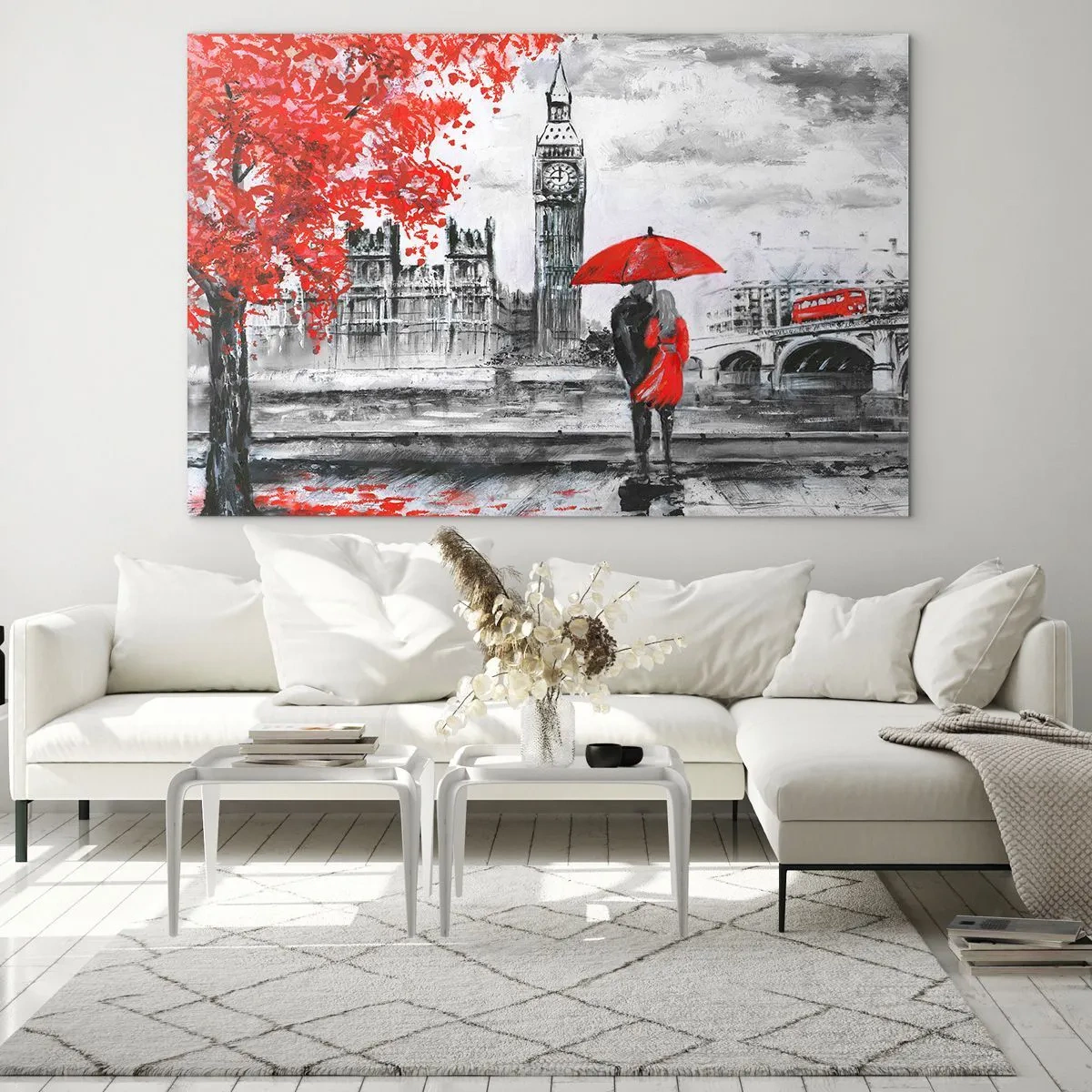 Obraz na skle - Pár pod červeným dáždnikom s Big Benom a jesennými stromami v pozadí. - 70x50cm - Zamilovaní do Londýna - Moderná nástenná dekorácia do obývacej izby a spálne ARTTOR