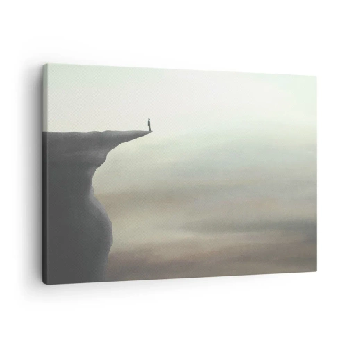 Obraz na plátne - Silueta postavy na okraji útesu v hmlistej krajine - 70x50cm - Hore, samozrejme! - Moderná nástenná dekorácia do obývacej izby a spálne ARTTOR