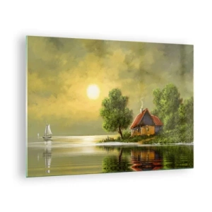 Obraz na skle - Malebná krajina s chatou pri jazere pri západe slnka - 70x50cm - Krásne, ako z obrázku - Moderná nástenná dekorácia do obývacej izby a spálne ARTTOR