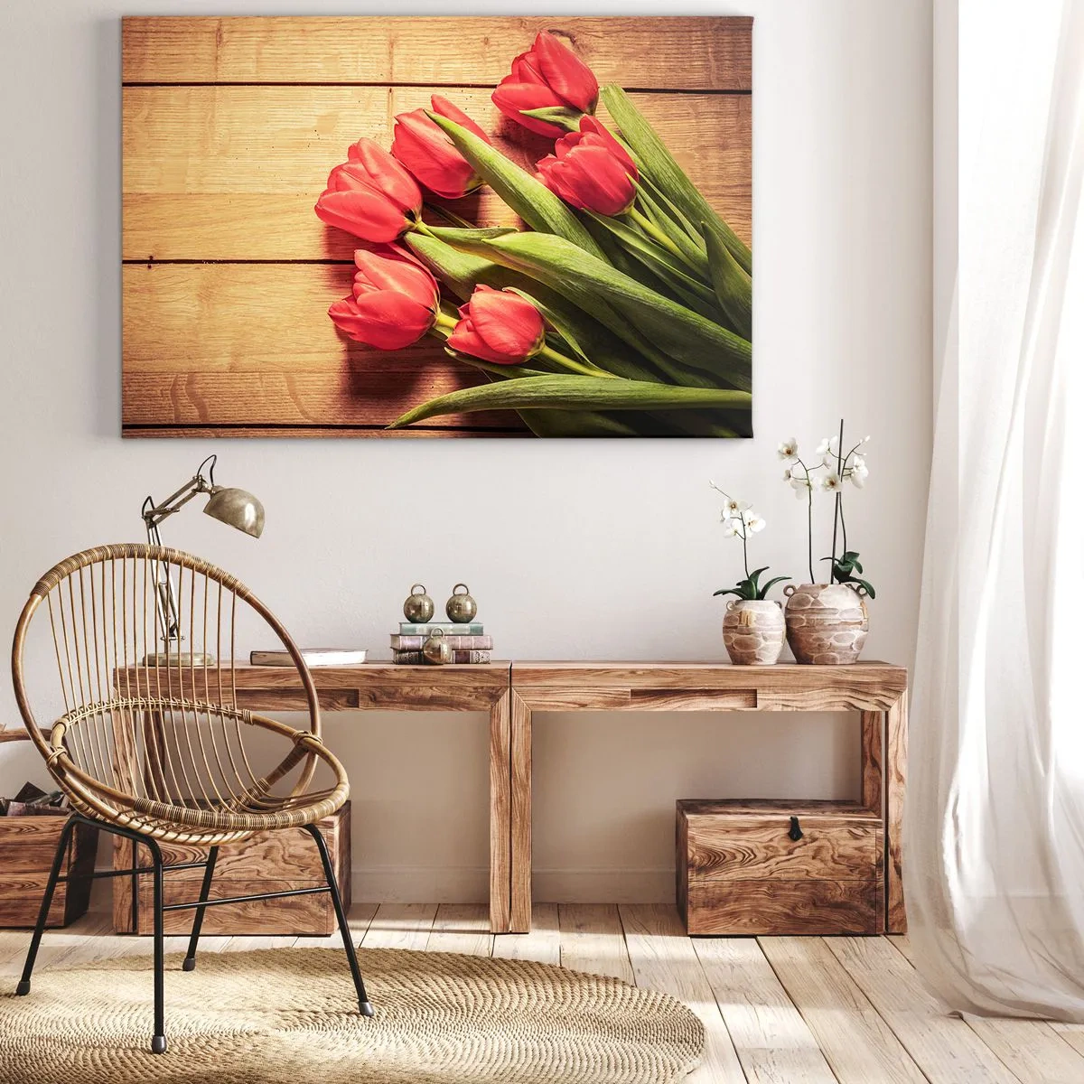 Obraz na plátne - Kytica ružových tulipánov na drevenom pozadí - 70x50cm - Jarné vyznanie - Moderná nástenná dekorácia do obývacej izby a spálne ARTTOR