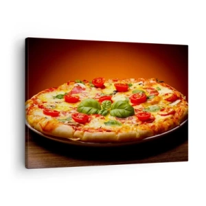 Obraz na plátne - Pizza s paradajkami a bazalkou na drevenom stole - 70x50cm - Mamma mia! - Moderná nástenná dekorácia do obývacej izby a spálne ARTTOR