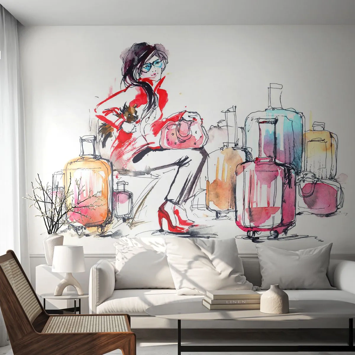 Fototapeta Premium Canvas - Posaďme sa pred cestou - Žena, Výlet, Kufor - 100x70 cm