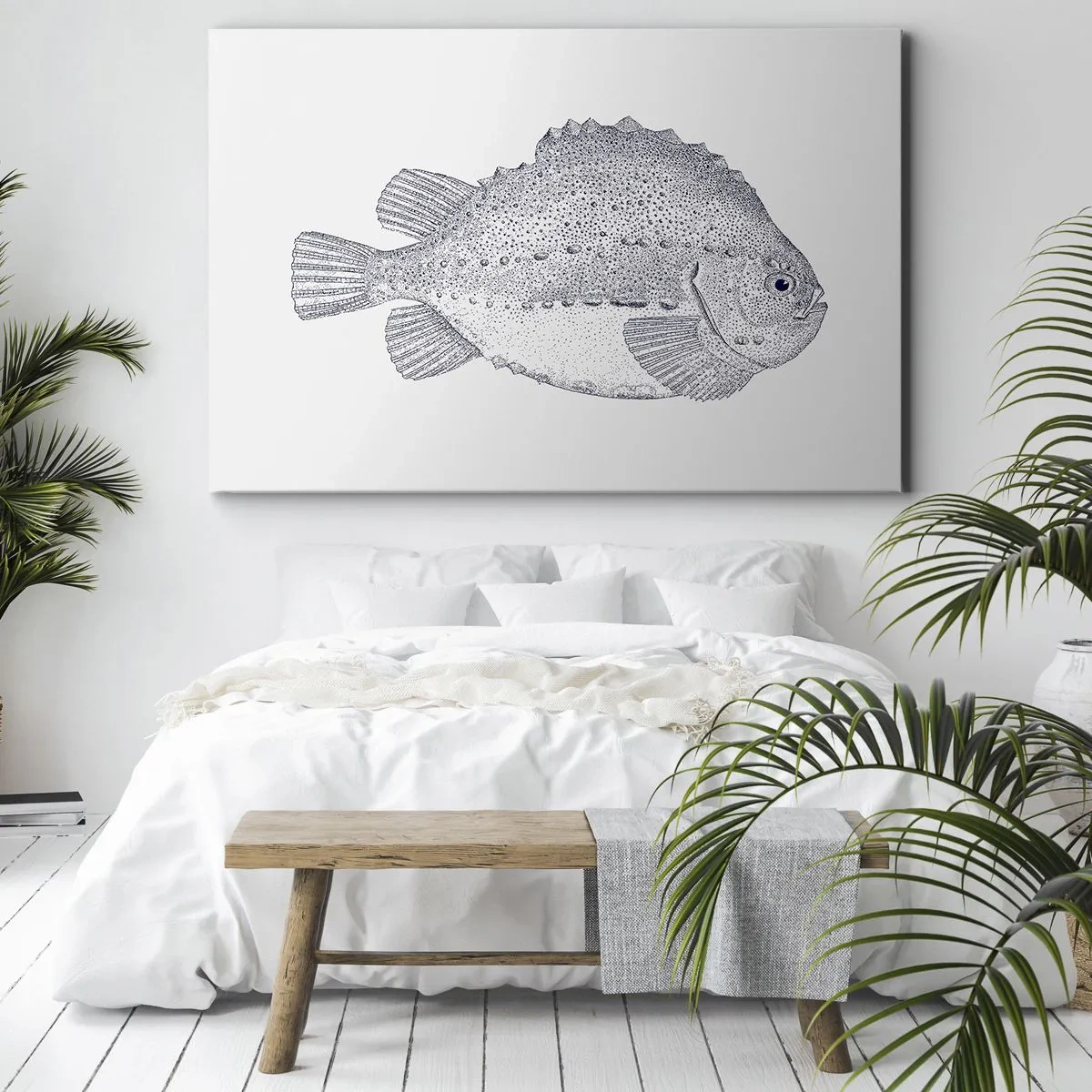 Obraz na plátne - Čiernobiela kresba ryby na bielom pozadí v minimalistickom štýle - 70x50cm - Do albumu prírodovedca - Moderná nástenná dekorácia do obývacej izby a spálne ARTTOR