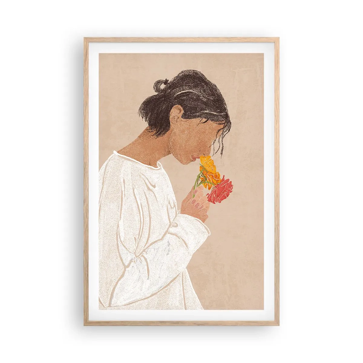 Plagát v ráme zo svetlého duba - Dievča a kvety - 61x91 cm