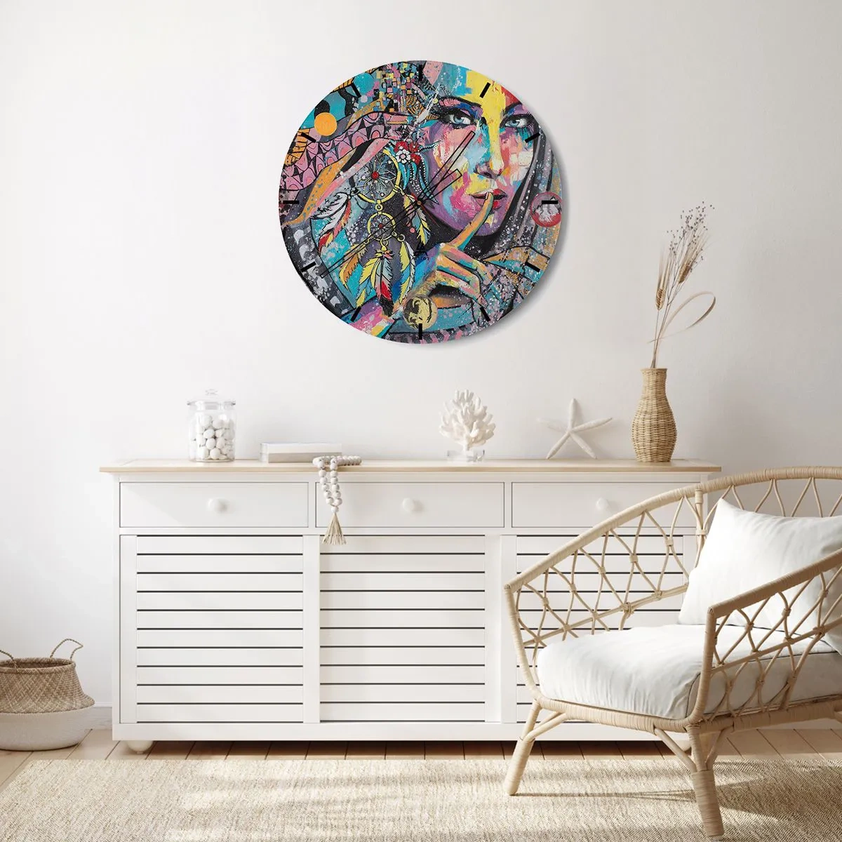 Nástenné hodiny - Farebná tvár s perím a geometrickým vzorom - 30x30cm - Mlč, než pochopíš - Moderná nástenná dekorácia do obývacej izby, kuchyne a spálne ARTTOR