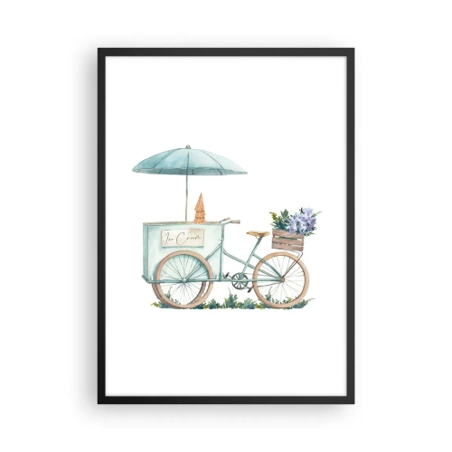 Plagát v čiernom ráme - Akvarelová ilustrácia bicykla so zmrzlinou a kvetmi. - 50x70cm - Sladká spomienka na leto - Moderná nástenná dekorácia do obývacej izby a spálne ARTTOR