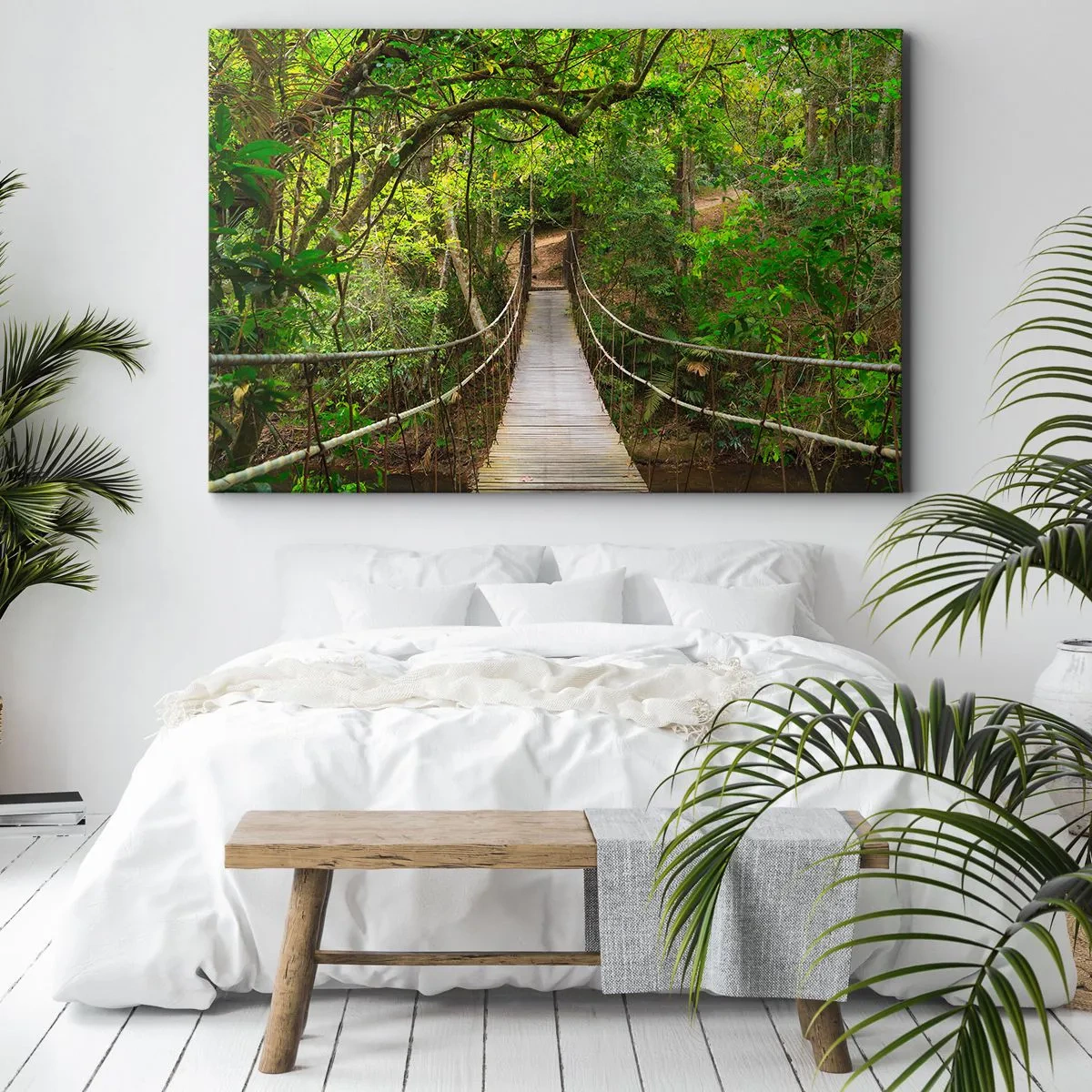 Obraz na plátne - Visutý most obklopený zeleným dažďovým pralesom - 70x50cm - Lebo na záhrade rastú popínavé rastliny - Moderná nástenná dekorácia do obývacej izby a spálne ARTTOR