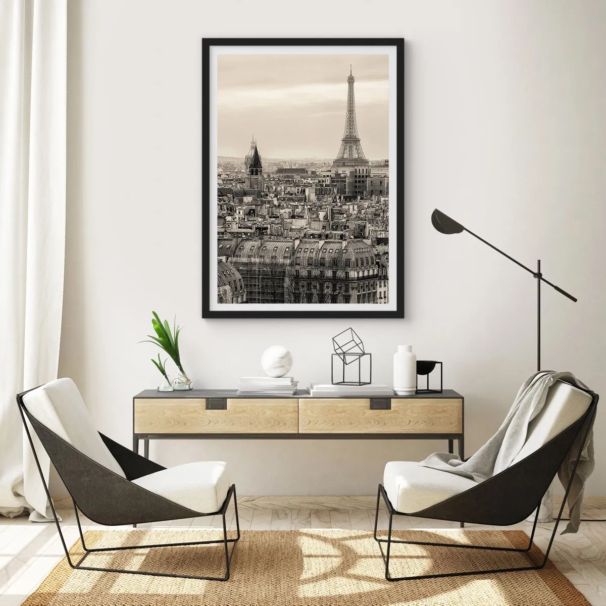 Plagát v čiernom ráme - Panoráma Paríža s Eiffelovou vežou v sépiových tónoch - 50x70cm - Nad strechami Paríža - Moderná nástenná dekorácia do obývacej izby a spálne ARTTOR