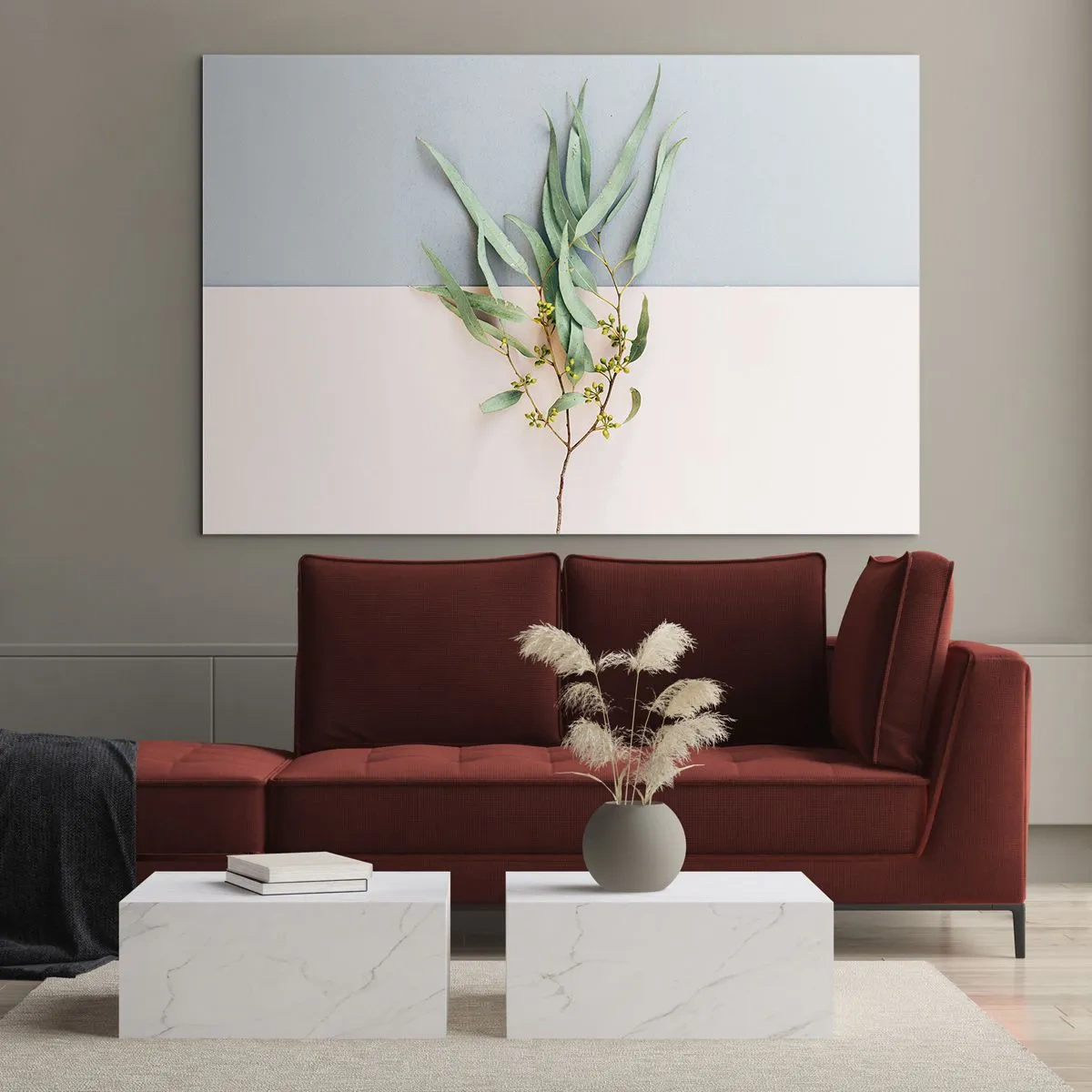 Obraz na skle - Vetvička eukalyptu na pastelovom pozadí - 70x50cm - Pastelová jemnosť - Moderná nástenná dekorácia do obývacej izby a spálne ARTTOR