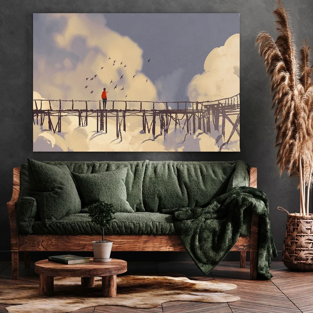 Obraz na plátne - Postava na moste medzi oblakmi s vtákmi na oblohe - 70x50cm - Modrý stesk - Moderná nástenná dekorácia do obývacej izby a spálne ARTTOR
