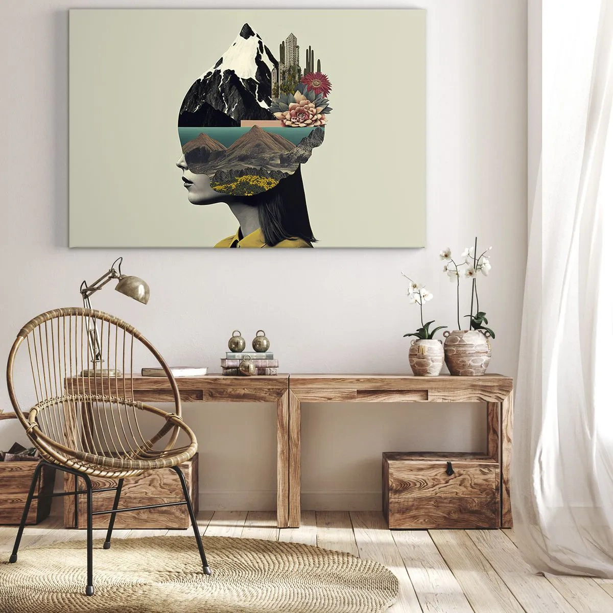 Obraz na plátne - Koláž ženy s horskou krajinou a kvetmi - 70x50cm - Žena – vždy tajomstvo - Moderná nástenná dekorácia do obývacej izby a spálne ARTTOR