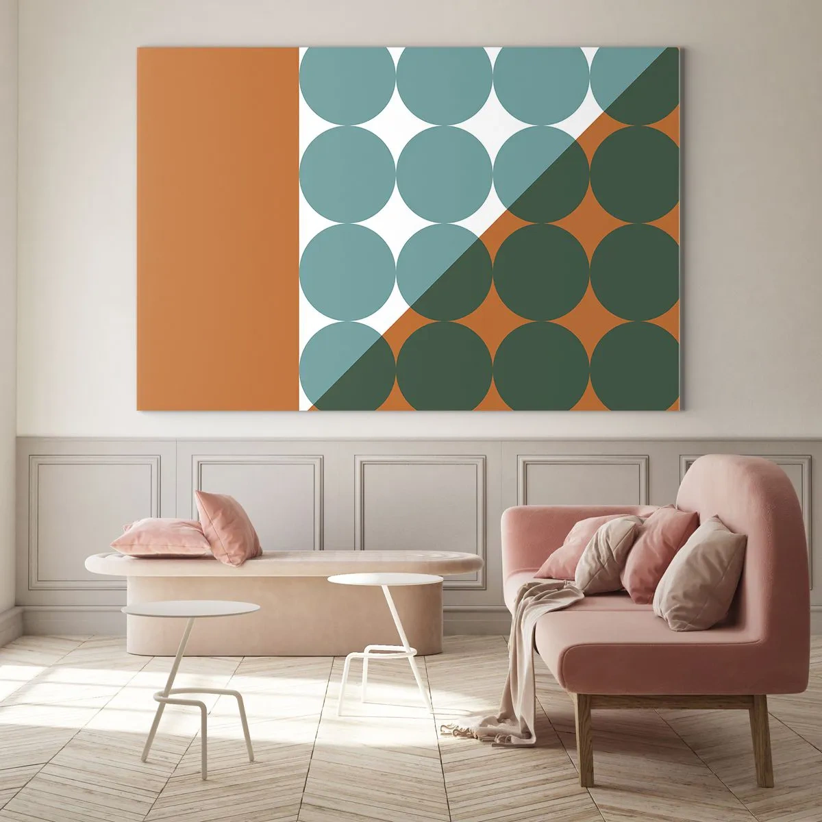 Obraz na skle - Abstraktná geometrická kompozícia s kruhmi a trojuholníkom - 70x50cm - Hore a šikmo - Moderná nástenná dekorácia do obývacej izby a spálne ARTTOR