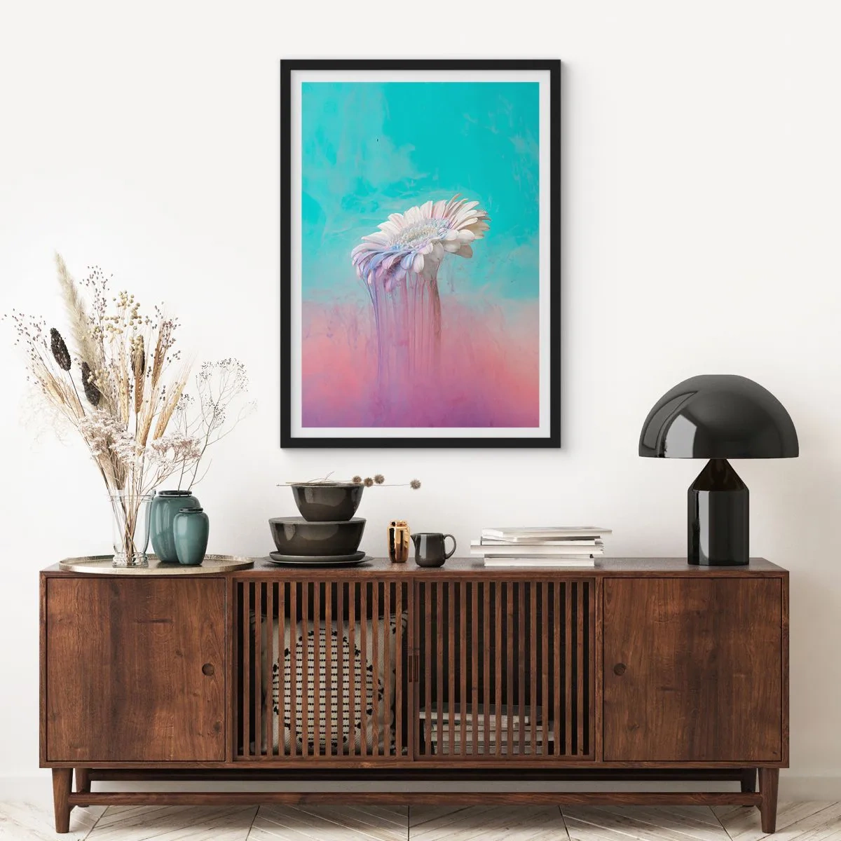 Plagát v čiernom ráme - Biela gerbera s farebnými pruhmi na pastelovom pozadí - 50x70cm - Záhrobia kvetín - Moderná nástenná dekorácia do obývacej izby a spálne ARTTOR
