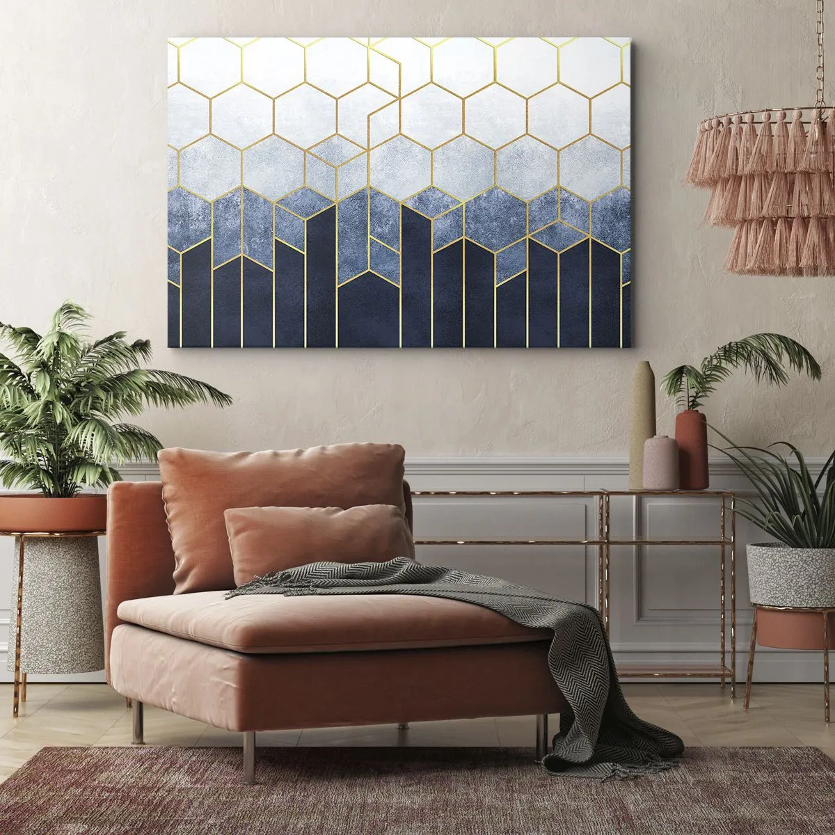 Obraz na plátne - Geometrický vzor v odtieňoch zlatej a tmavomodrej - 70x50cm - Kompozícia v synkopickom rytme - Moderná nástenná dekorácia do obývacej izby a spálne ARTTOR