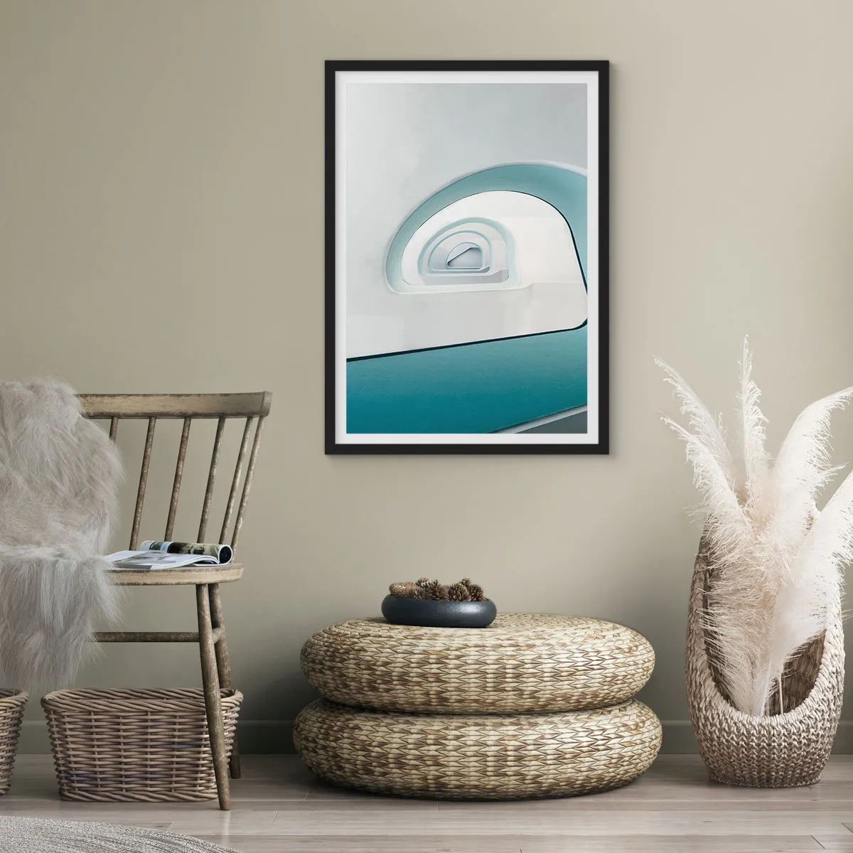 Plagát v čiernom ráme - Moderné zakrivené línie a architektonické štruktúry v jasných farbách - 50x70cm - Na dno modrej - Moderná nástenná dekorácia do obývacej izby a spálne ARTTOR
