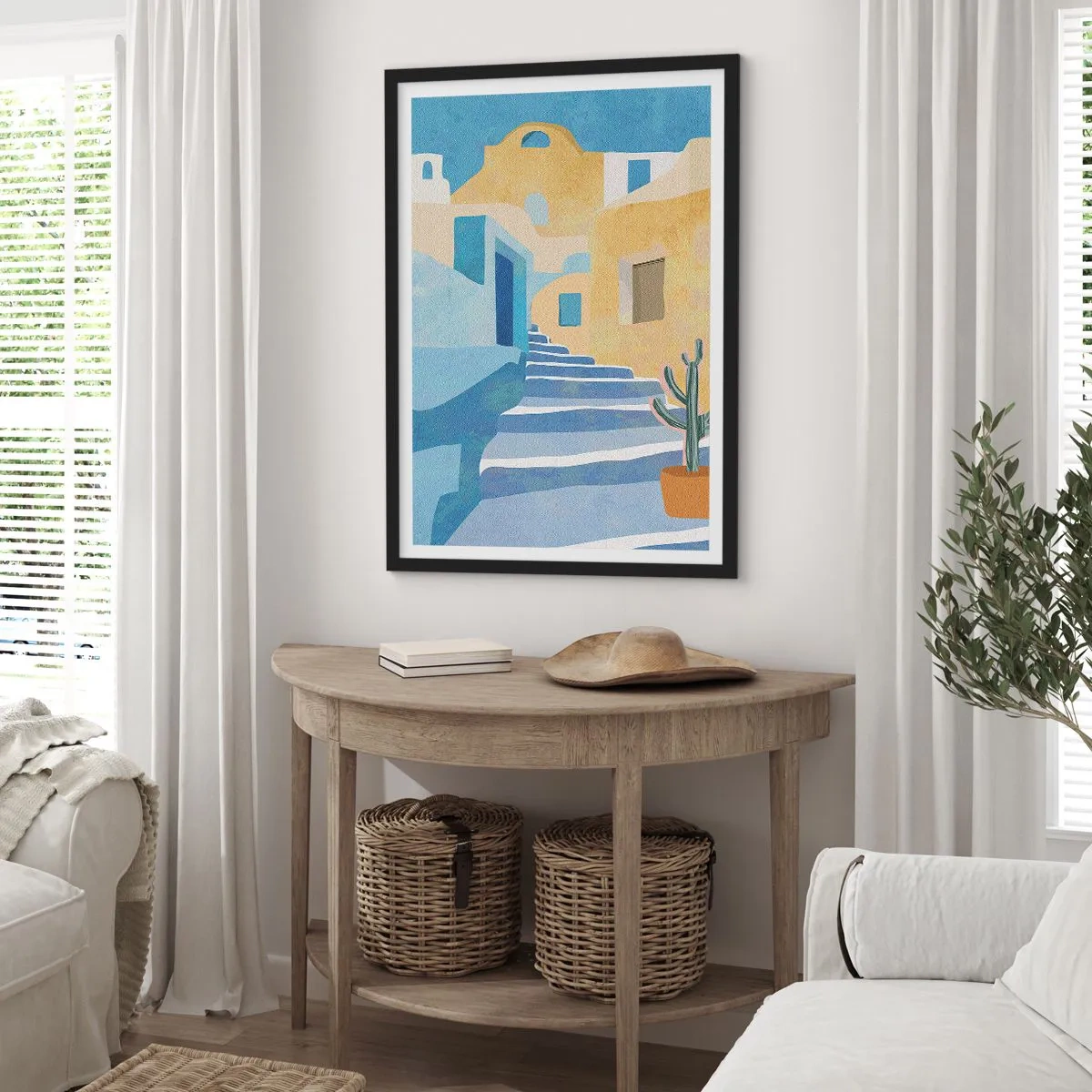 Plagát v čiernom ráme - Stredomorská architektúra v pastelových farbách - 50x70cm - Deň v arabskom meste - Moderná nástenná dekorácia do obývacej izby a spálne ARTTOR