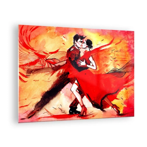 Obraz na skle - Pár tancuje v dynamickej červenej kompozícii - 70x50cm - Purpurový rytmus náruživosti - Moderná nástenná dekorácia do obývacej izby a spálne ARTTOR