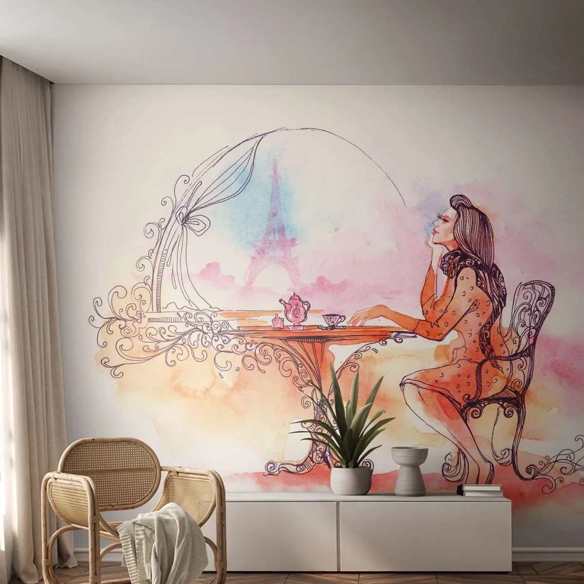 Samolepiaca Fototapeta Deluxe Sticker - Parížska elegancia - Paríž, Žena, Eiffelova veža - 250x175 cm
