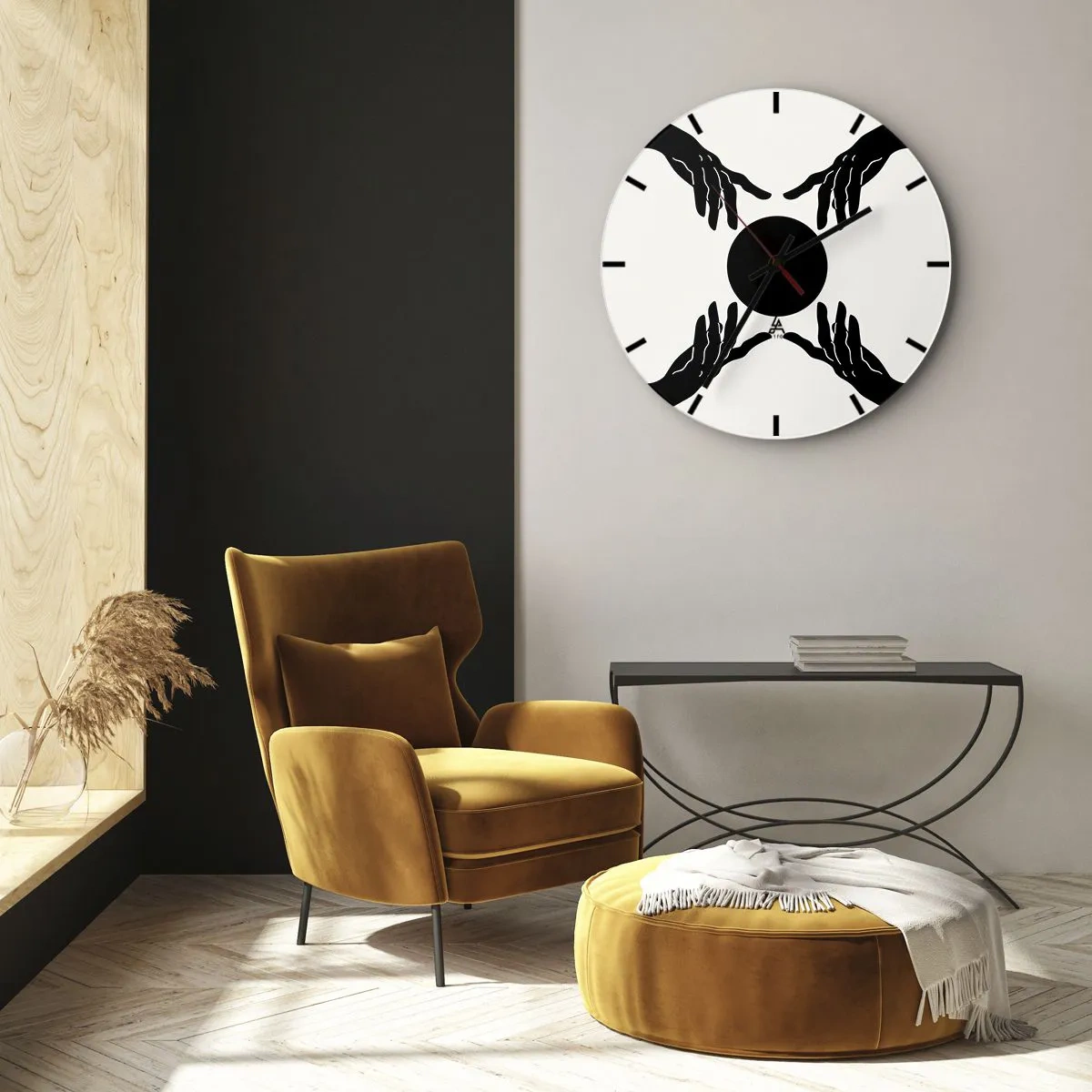 Nástenné hodiny - Čierne ruky obklopujúce tmavý kruh na svetlom pozadí - 30x30cm - Tajné znamenie - Moderná nástenná dekorácia do obývacej izby, kuchyne a spálne ARTTOR