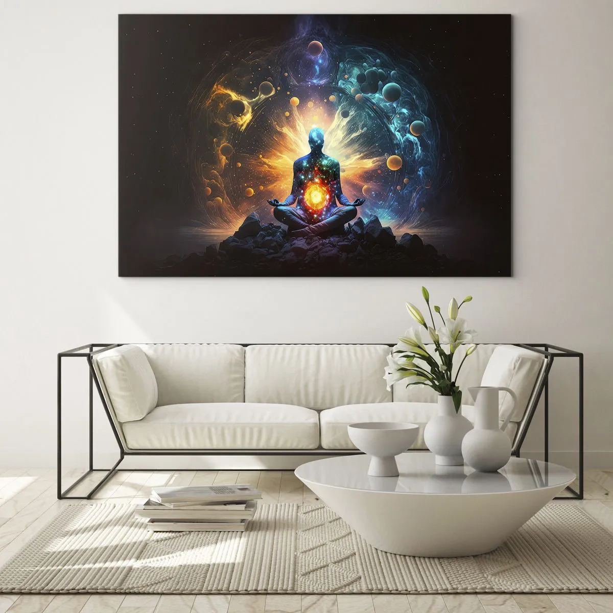 Obraz na skle - Meditujúca silueta v kozmickej explózii farieb - 70x50cm - Vesmírny pokoj - Moderná nástenná dekorácia do obývacej izby a spálne ARTTOR