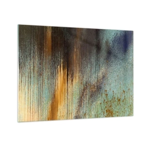 Obraz na skle - Abstraktné čiary a škvrny v zlatej, modrej a čiernej farbe - 70x50cm - Nenáhodná farebná kompozícia - Moderná nástenná dekorácia do obývacej izby a spálne ARTTOR