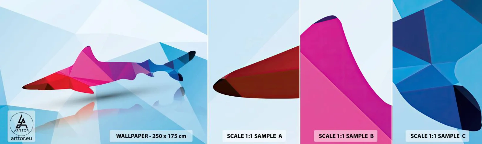 Vzorka samolepiacej fototapety Deluxe Sticker - Žralok v kryštalickom priestore - Zvieratá, Žralok, Geometrický obrazec - 100x30 cm