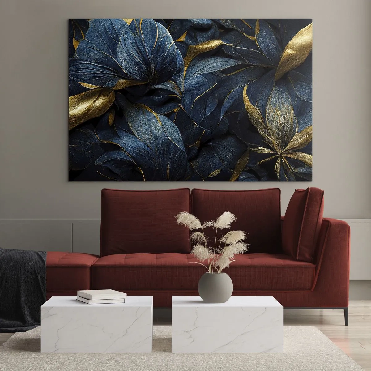 Obraz na skle - Tmavomodré listy s jemnými zlatými akcentmi - 70x50cm - Podšívané zlatom - Moderná nástenná dekorácia do obývacej izby a spálne ARTTOR