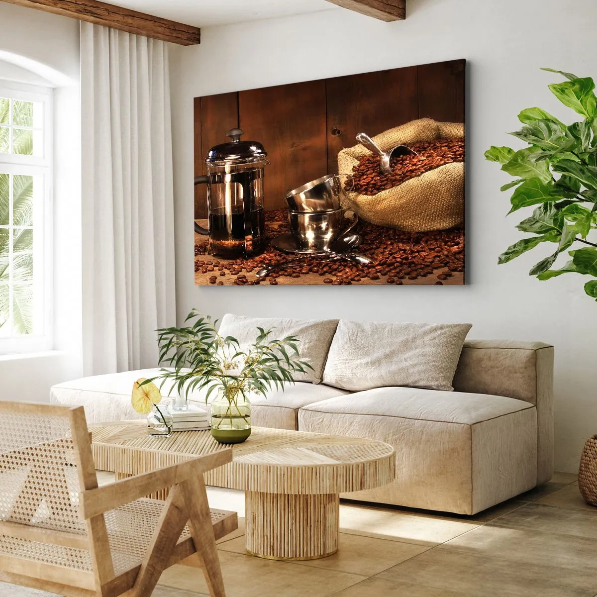 Obraz na plátne - French press, šálky a vrecko kávy na drevenom pozadí - 70x50cm - Kúzlo kávy - aróma a chuť - Moderná nástenná dekorácia do obývacej izby a spálne ARTTOR